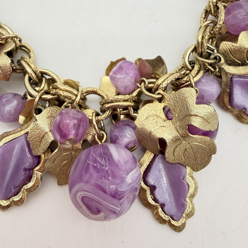 Vtg Charm Bracelet Purple Marbled Lucite Dangle Grape Leaf Wow Stunning